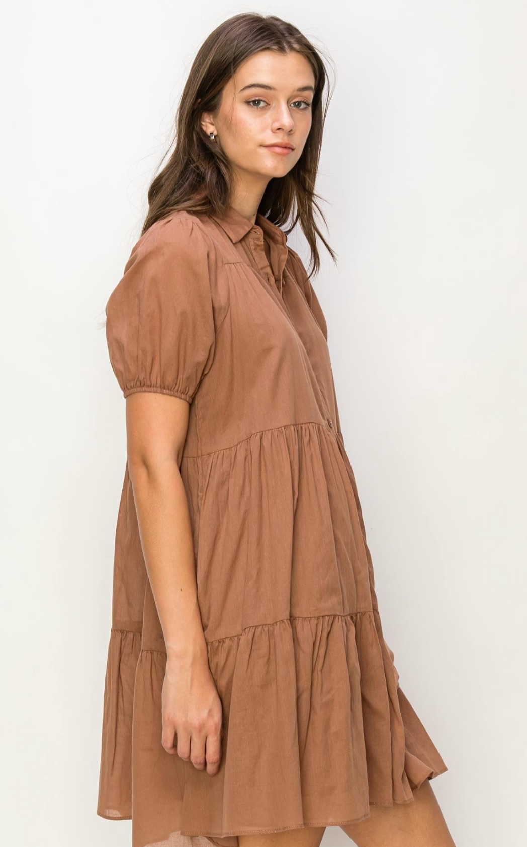 Pecan Brown Relaxed Tiered Shirt Dress