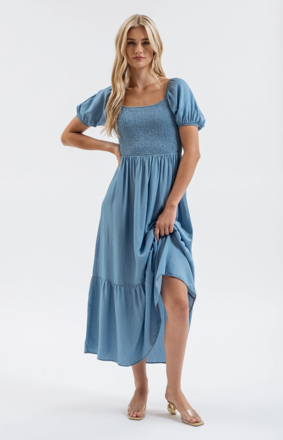 Smocked Chambray Puff Sleeve Midi Dress
