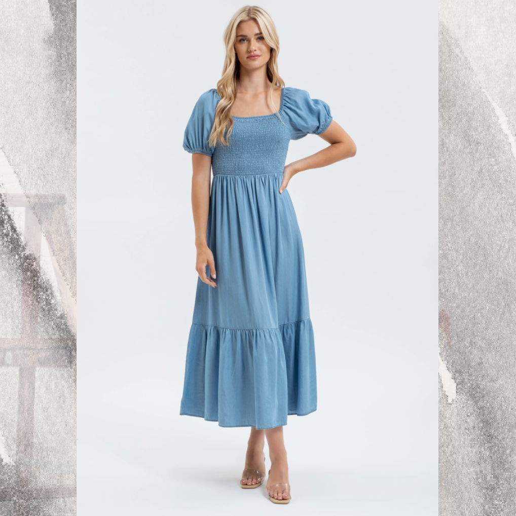 Smocked Chambray Puff Sleeve Midi Dress