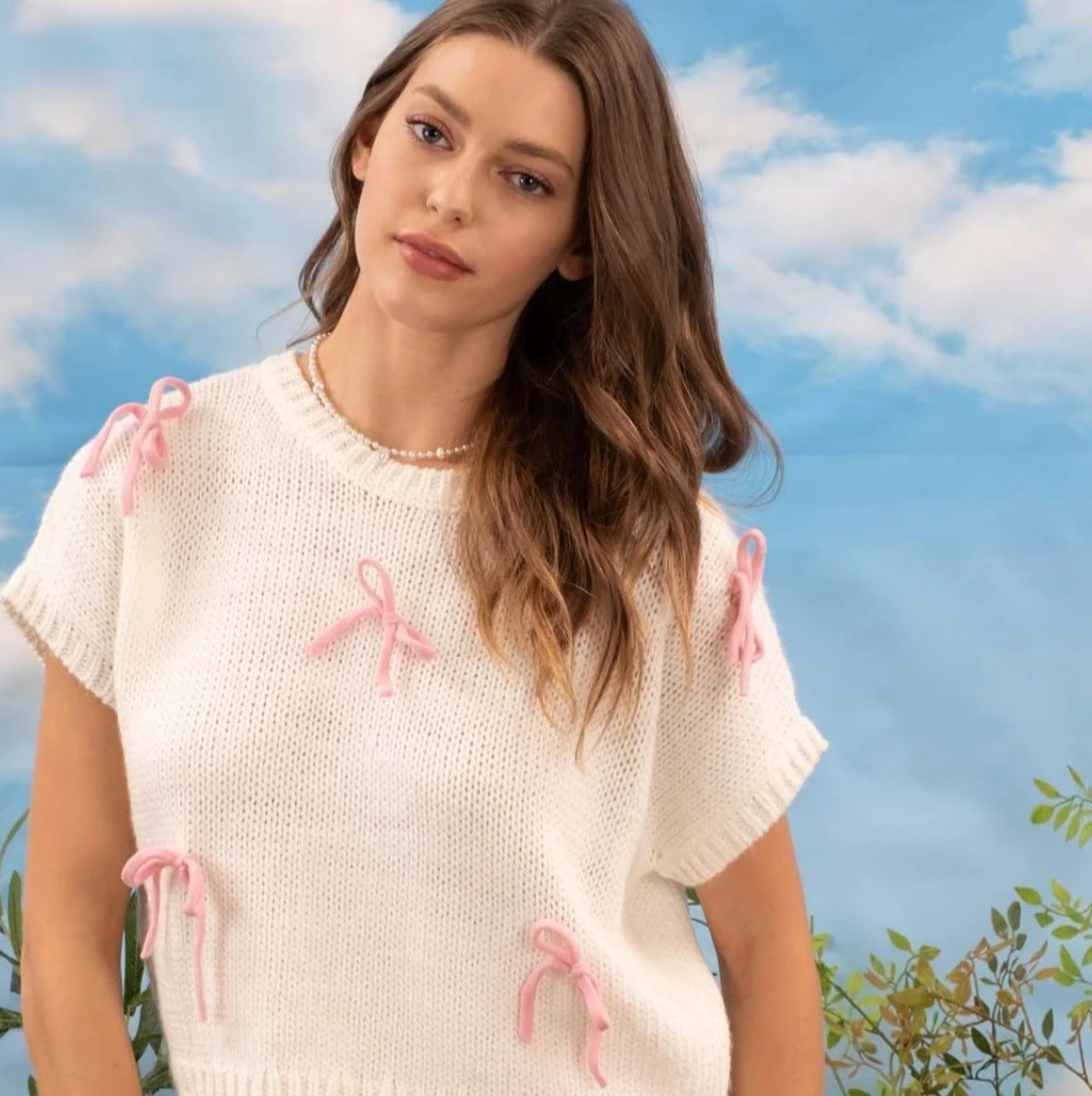 Bow Detail Short Sleeve Knit Pullover
