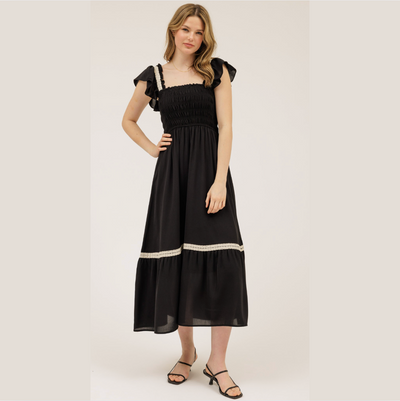 SMOCKED RUFFLE MIDI DRESS
