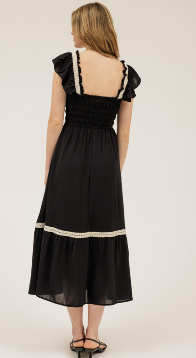SMOCKED RUFFLE MIDI DRESS