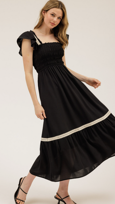 SMOCKED RUFFLE MIDI DRESS