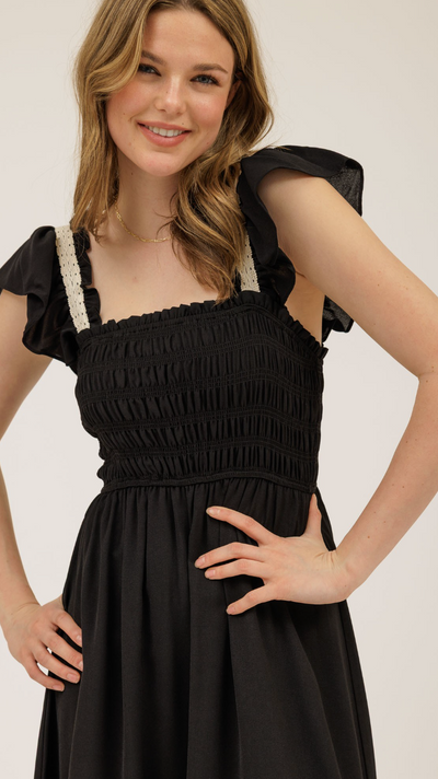 SMOCKED RUFFLE MIDI DRESS