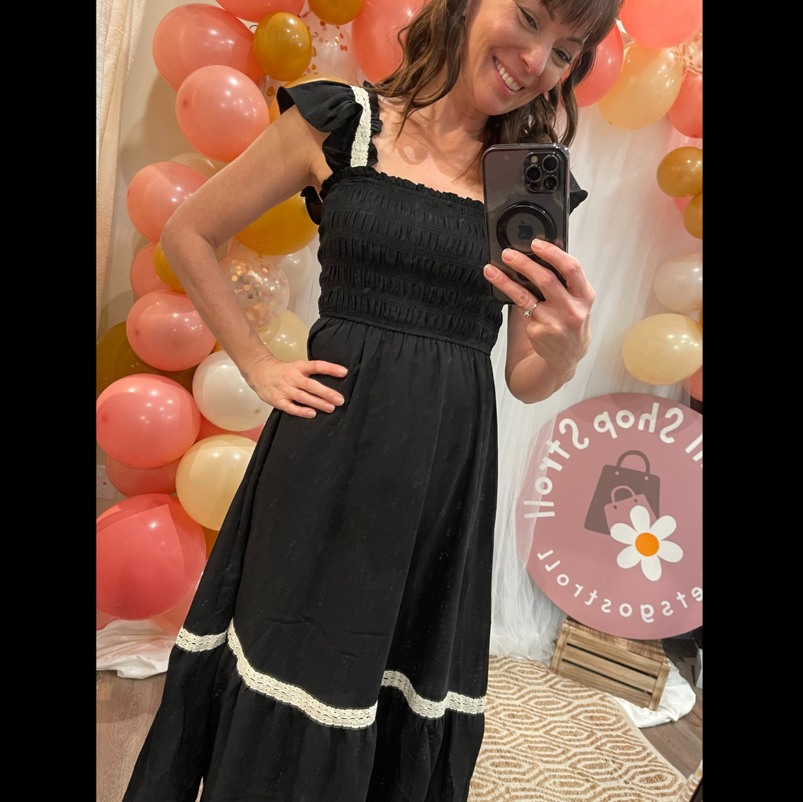 SMOCKED RUFFLE MIDI DRESS