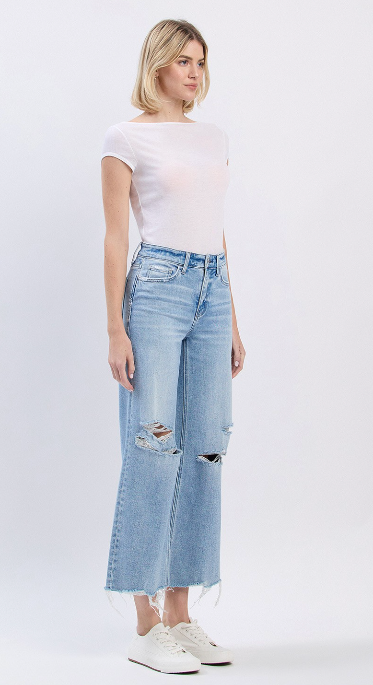 HIGH RISE DISTRESSED CROP WIDE JEANS