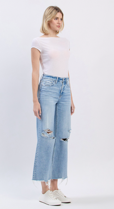 HIGH RISE DISTRESSED CROP WIDE JEANS
