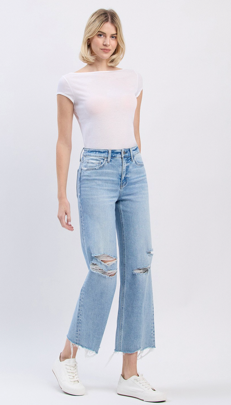 HIGH RISE DISTRESSED CROP WIDE JEANS