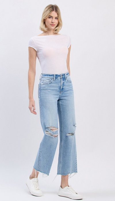 HIGH RISE DISTRESSED CROP WIDE JEANS